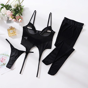 Body Sexy Nero in Rete Trasparente con Cut-Out per Donna - Lingerie Teddy Scavata con Calze a Coscia Alta - Product Image 6