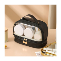 Trousse de Maquillage Double Couche Transparente Imperméable avec Fermeture Éclair Grande Capacité Organisateur Cosmétique Poignée Souple pour Femme Voyage