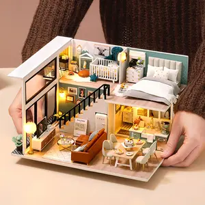 Cadeau de noël fait à la main Miniature maison de poupée modèle avec meubles anti-poussière musique LED lumières en bois bricolage maison de poupée Kit