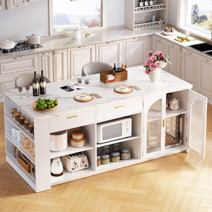 שולחן אוכל גדול למטבח בסגנון מודרני יוקרתי עם ורידי שיש מעץ, עיצוב חדש לשנת 2026, עם מגירות אחסון ומקומות ישיבה. - Product Image 4