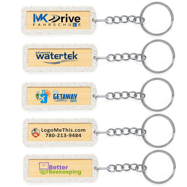 Eco-friendly Green Promotional Key Chain Products-Wheat Bamboo Keychain with Laserable or Colored UV Custom logo Print-keyring