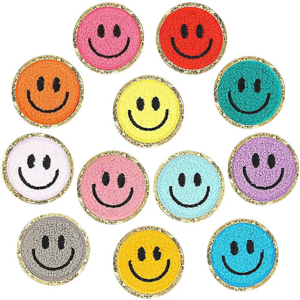 Gelukkig Diy Applique Warmte Pers Borduurwerk Iron On Glitter Sequin Chenille Smiley Gezicht Aangepaste Patches Voor Kleding