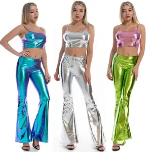 Shiny Crop Top And Wide Leg Pants Hippie Club Trousers Skinny Two Piece Set