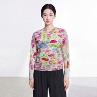Chemisier plissé Miyake 2026 à manches longues et col rond pour femme, imprimé floral artistique multicolore, directement de l'usine