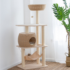 Minimalist 4-Level <b>Cat</b> <b>Tree</b> With Woven Hideout Hammock And <b>Scratching</b> Posts For Indoor <b>Cats</b> - Product Image 5
