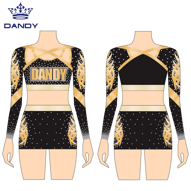 Custom Dandy Nieuwe Ontwerp All Star Sexy Zwart En Goud Cheerleading Uniformen