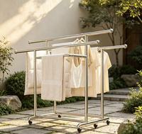 Séchoir à linge mobile double poteau en acier inoxydable sur roulettes, support de rangement autoportant pour vêtements