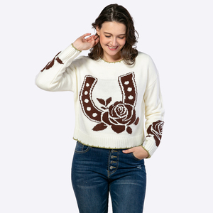 <span class=keywords><strong>Pull</strong></span> court tricoté à col rond pour <span class=keywords><strong>femme</strong></span>, motif intarsia fer à cheval rose western, bord ondulé vert contrastant, fabrication sur mesure - Product Image 1