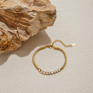 Gold Stainless Steel <b>Bracelet</b> With <b>White</b> Zircon Channel Setting For Gift Jewelry - Product Image 3