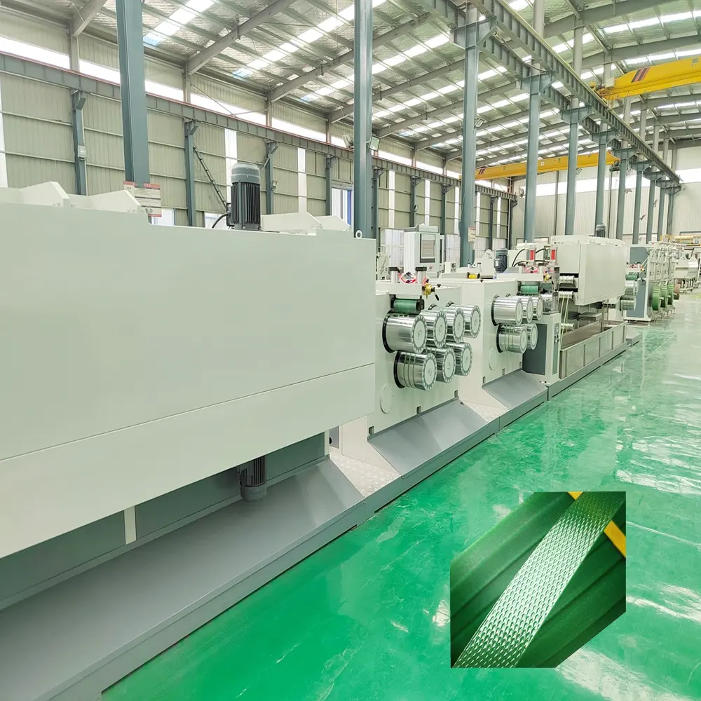 350-400 kg/h पीएलसी नियंत्रण प्लास्टिक पालतू पॉलिएस्टर पैकिंग स्ट्रैप बैंड टेप उत्पादन लाइन