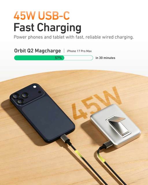 Slim 10000mAh 25W Fast Wireless Charging Magnetic Power Bank Built-in Type C Cable & Kickstand Design Portable Charger
