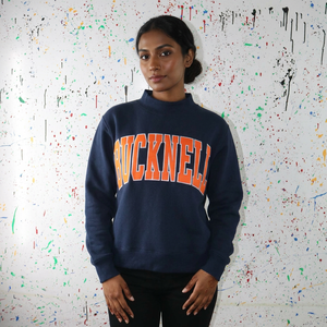 BUCKNELL BLUE Mock <b>Neck</b> Sweatshirt 100% Cotton Applique Embroidery wide <b>neck</b> Sweatshirt sorority wear Finer Threads - Product Image 1