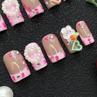 Uñas Postizas de Lujo Brillantes Cortas Tipo Ataúd Hechas a Mano de Alta Calidad, Estilo Personalizado 3D Reutilizables, Venta Caliente, Uñas a Presión al por Mayor para Manicura