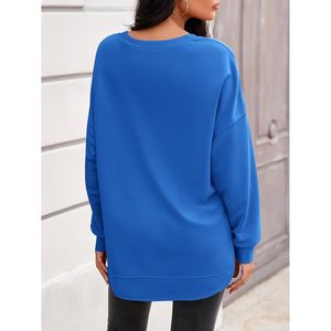 Fisoew Women's Crewneck Sweatshirt Long Sleeve Drop Shoulder Loose Fit With Pockets <b>Navy</b> Blue Casual <b>Top</b> - Product Image 4