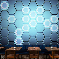 Cube géométrique hexagonal néon noir et bleu papier peint High tech Game Room Decoration Peintures murales à peler et à coller
