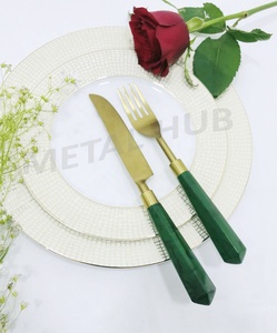 Stainless Steel Gold <b>Flatware</b> <b>Set</b> with Green Handle Eco-Friendly 5 and 7 Piece Place Setting for Wedding Parties and Events Bulk - Product Image 5