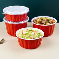 Bol jetable en plastique bicolore rouge et blanc de calibre 150, récipient alimentaire à emporter avec différents couvercles pour la livraison de repas