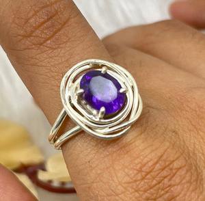 Bague fantaisie vintage en argent sterling 925 avec améthyste naturelle sertie clos, sans nickel, sans plomb, bijoux bohèmes violets pour femme, mariage - Product Image 5