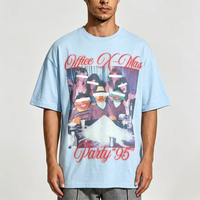 Kaos Oblong Biru Muda Musim Panas Bermotif 100% Katun Kerah O Lengan Pendek Logo Karakter Besar OEM Kaos Pria Bernapas DTG