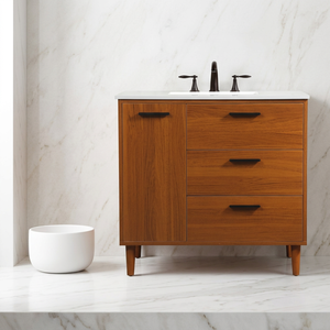 Meuble de salle de bain en bois massif avec vasque, 1 porte et 3 tiroirs, avec robinet - Product Image 3
