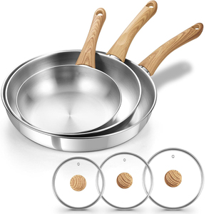 High Quality No Coating Wooden <b>Handles</b> Gas 6-Piece Triply Induction Bottom Stainless Steel Frying <b>Pan</b> Cookware Set - Product Image 1