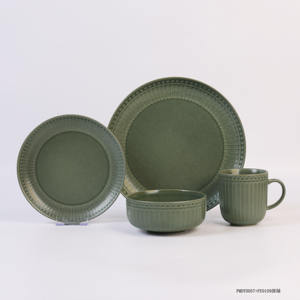 Service de table en céramique en grès vert forêt avec texture de bordure perlée, couleur unie, vaisselle moderne pour un usage quotidien - Product Image 2