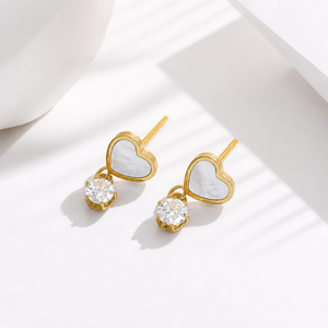 Boucles d'oreilles pendantes en forme de cœur en zircon blanc, acier inoxydable plaqué or 14 carats, 14 mm, bijoux - Product Image 1