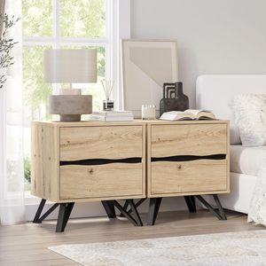 Ensemble de 2 tables de chevet, tables de nuit industrielles modernes avec 2 tiroirs, armoire de rangement en chêne naturel avec pieds en métal noir - Product Image 1