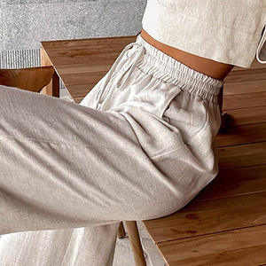 Personalizzare l'alta qualità Set di lino 2 pezzi senza maniche girocollo <span class=keywords><strong>con</strong></span> cravatta laterale Top <span class=keywords><strong>tasche</strong></span> larghe <span class=keywords><strong>pantaloni</strong></span> - Product Image 4