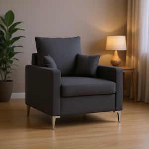 Poltrona Singola in Poliestere Grigio Scuro con Gambe in Metallo, Sedia Contemporanea per Soggiorno, Arredamento Moderno per il Relax - Product Image 2