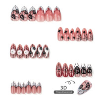 30 faux ongles gothiques d'Halloween à presser, motif araignée 3D, toile d'araignée, goutte de sang, ovales, pointes d'ongles artificielles ovales effet goutte de sang