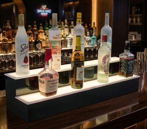 Espositore per Bottiglie di Liquore a 2 Livelli con Illuminazione LED RGB, Ricaricabile, Porta Bottiglie Illuminato con Specchio, Espositore per Bar - Product Image 3