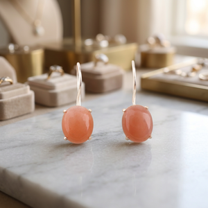 Boucles d'oreilles artisanales en pierre de lune pêche, en argent sterling 925, bijoux pour femmes et filles. - Product Image 3