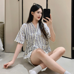 Pyjama d'été pour <span class=keywords><strong>femme</strong></span>, ensemble <span class=keywords><strong>kimono</strong></span> <span class=keywords><strong>Geisha</strong></span> nuageux, mignon, dessin animé, manches courtes et short - Product Image 2