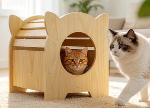 Nichoir pour chat en bois massif respirant à lattes creuses, avec entrée, lit de repos privé, robuste, pour intérieur, toutes saisons - Product Image 3