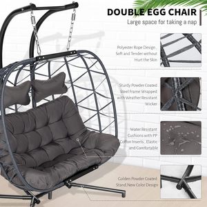 Fauteuil à œuf <span class=keywords><strong>suspendu</strong></span> pour intérieur et extérieur pour 2 personnes, <span class=keywords><strong>double</strong></span> et large, en osier, avec support, surdimensionné, pour jumeaux et patio, causeuse à 2 places - Product Image 4