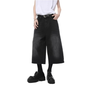 Shorts de Mezclilla Anchos Tipo <span class=keywords><strong>Skate</strong></span> para Hombre de Verano Tallas Grandes Grises y Negros con Lavado Efecto Arrugado Estilo Baggy - Product Image 1