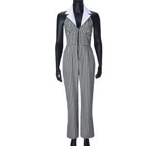 Sexy Backless Hollowed Out Loose Waist Shirt Collar Zipper Plaid Models Wide Legged <b>Pants</b> Women's Jumpsuit Fashion - Product Image 5