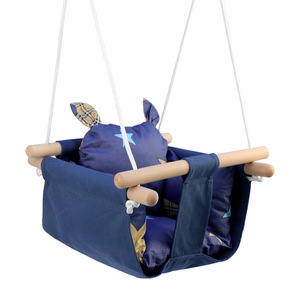 Columpio Colgante para Bebés, Asiento de Lona de Algodón Azul Denim con Barras de Madera, Columpio para Bebés de Uso Doméstico - Product Image 1