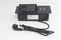 Prise escamotable en alliage d'aluminium, 1 prise EU, 3 USB-A, 3 Type-C, charge sans fil 15W, argent