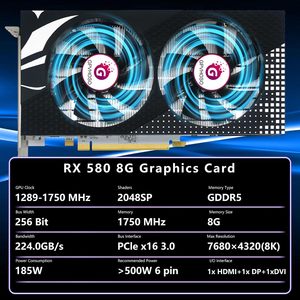 การ์ดแสดงผล Radeon 580 8GB PCIE 3.0 พัดลมระบายความร้อนคู่ GDDR5 1289MHz 2048SP 256 บิต รองรับ VGA - Product Image 2