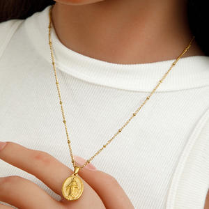 Kalung Koin Salib Kristen Bunda Maria YF3689 Perhiasan Katolik Lapis Emas 18K Bahan Baja Tahan Karat - Product Image 6