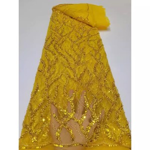 Ancho 125 cm oro brillante lentejuelas bordado cuentas malla nigeriana tela pesada tul encaje tela para vestido de novia - Product Image 4