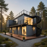 Maison modulaire en conteneur résidentiel avec plan à deux étages, murs en verre et balcon