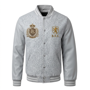 Blouson universitaire unisexe gris en coton épais avec écusson brodé, style preppy, col rabattu, coupe classique, hiver - Product Image 1
