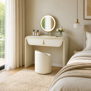 Table de toilette de luxe en bois massif, couleur crème, pour chambre à coucher, table de maquillage moderne minimaliste en cuir PU avec rangement - Product Image 4