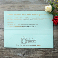 Fournitures de mariage Doc : Invitations de mariage dorées, carte d'invitation personnalisée style billet avec enveloppe estampillée à chaud vert menthe