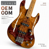 Gitar Bass Elektrik 4 Senar Glossy dengan Top Resin Burl dan Serat Kayu Acak, Sirkuit Aktif Pasif, OEM ODM Custom