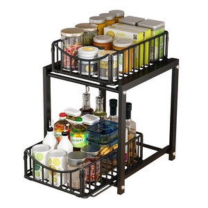 Étagère de <span class=keywords><strong>cuisine</strong></span> métallique <span class=keywords><strong>sous</strong></span>-<span class=keywords><strong>évier</strong></span>, avec bac à légumes intégré, coulissante, à double niveau, pour <span class=keywords><strong>rangement</strong></span> organisé - Product Image 2