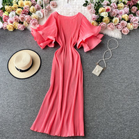 Robe Plissée Évasée à Manches Volants Française